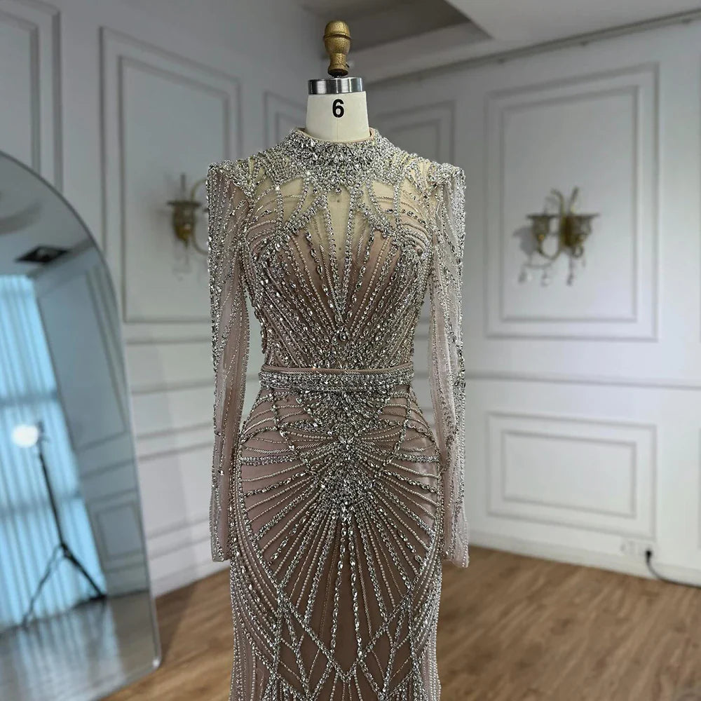 Modest Caramel High Collar Evening Dress For Women Wedding Party CLA73203