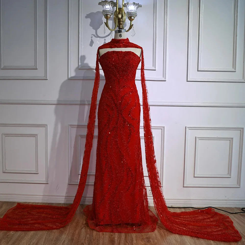 Luxury Nude Beaded Evening Dress with Cape Sleeves CLA72824