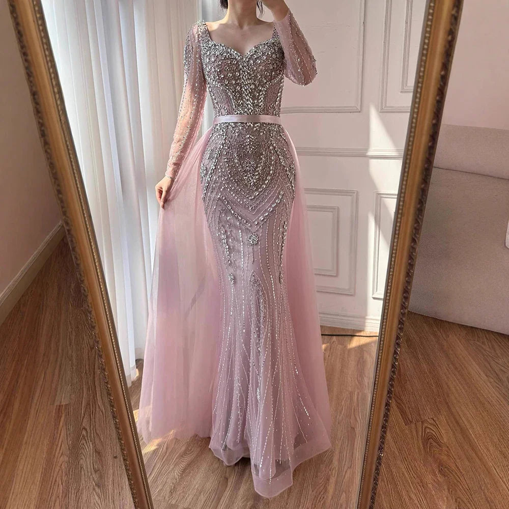 Luxury Nude Beaded Mermaid Evening Dress With Overskirt CLA73190
