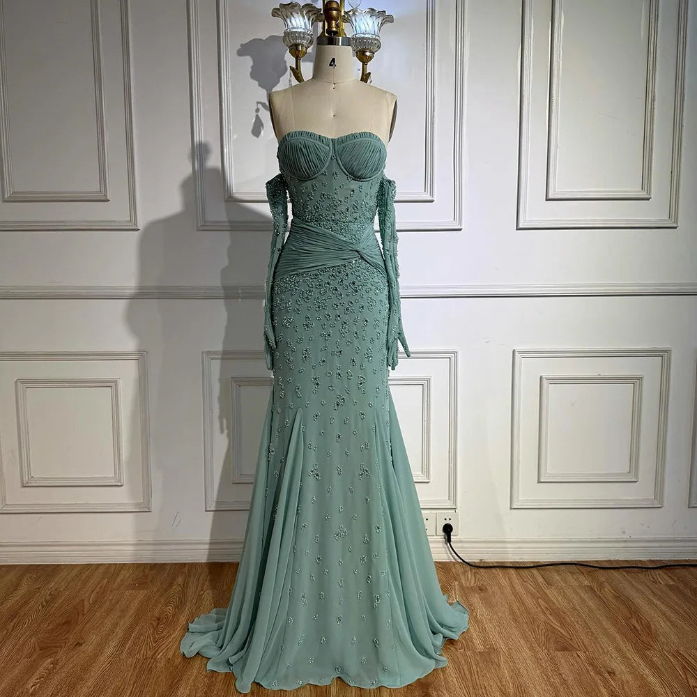 Luxury Turquoise Beaded Evening Dress With Gloves CLA72933