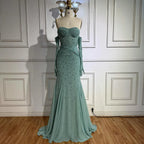 Luxury Turquoise Beaded Evening Dress With Gloves CLA72933