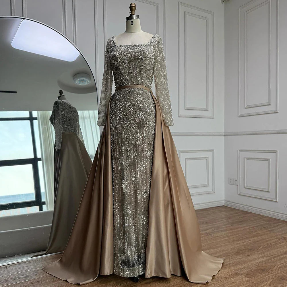 Luxury Dubai Arabic Muslim Caramel Mermaid Beaded Evening Gown with Overskirt CLA72533A