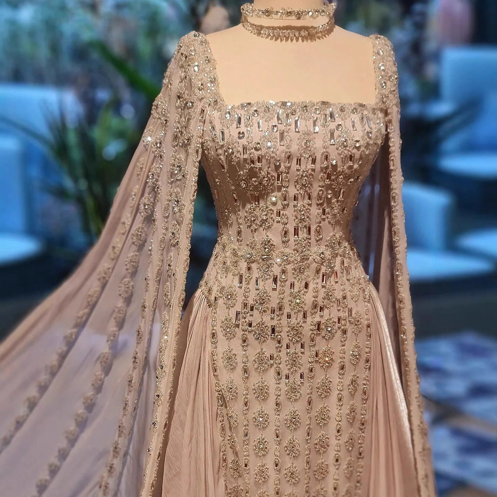 Luxury Nude Dubai Crystal Cape Sleeves A-Line Evening Dress CLA73272