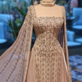 Luxury Nude Dubai Crystal Cape Sleeves A-Line Evening Dress CLA73272