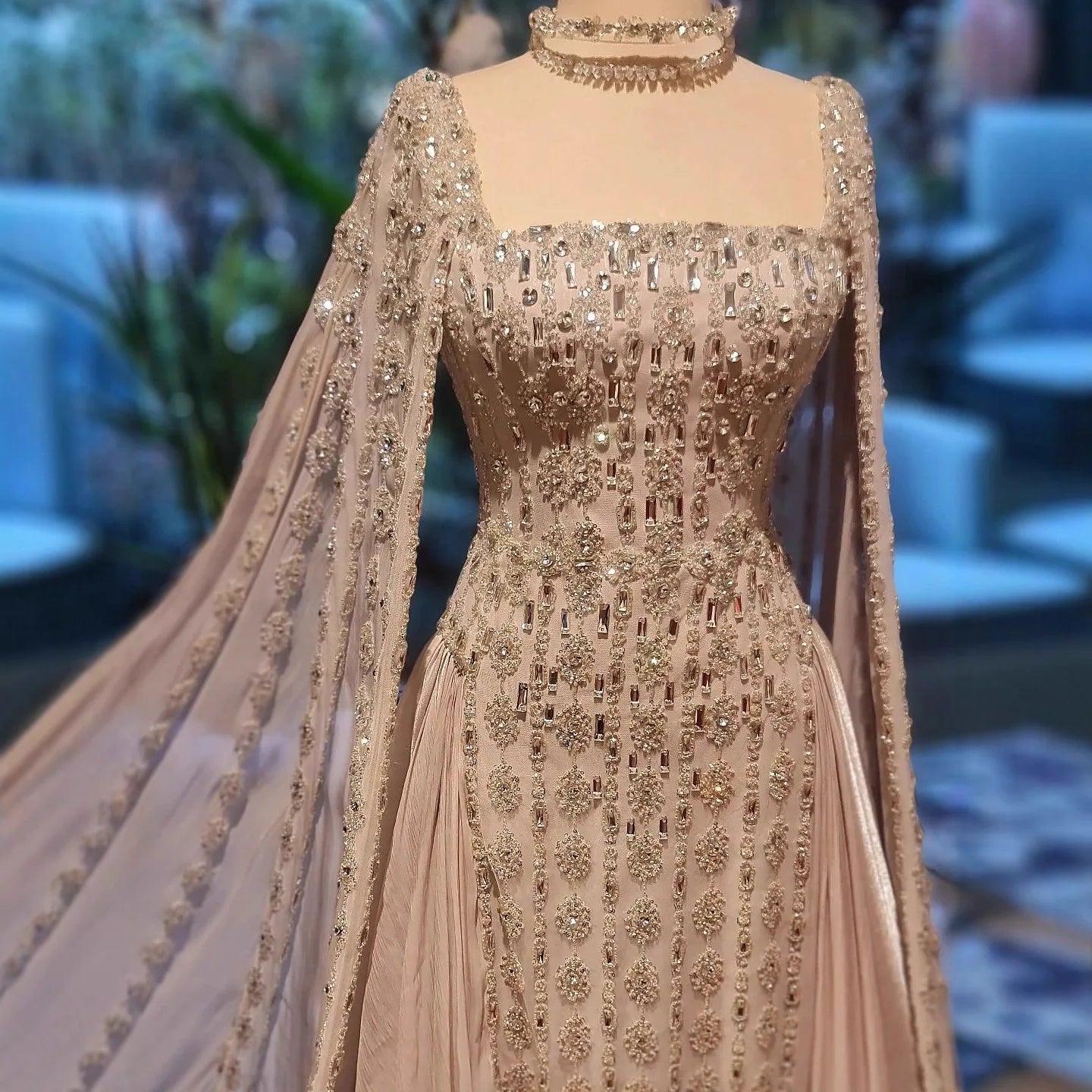 Luxury Nude Dubai Crystal Cape Sleeves A-Line Evening Dress CLA73272