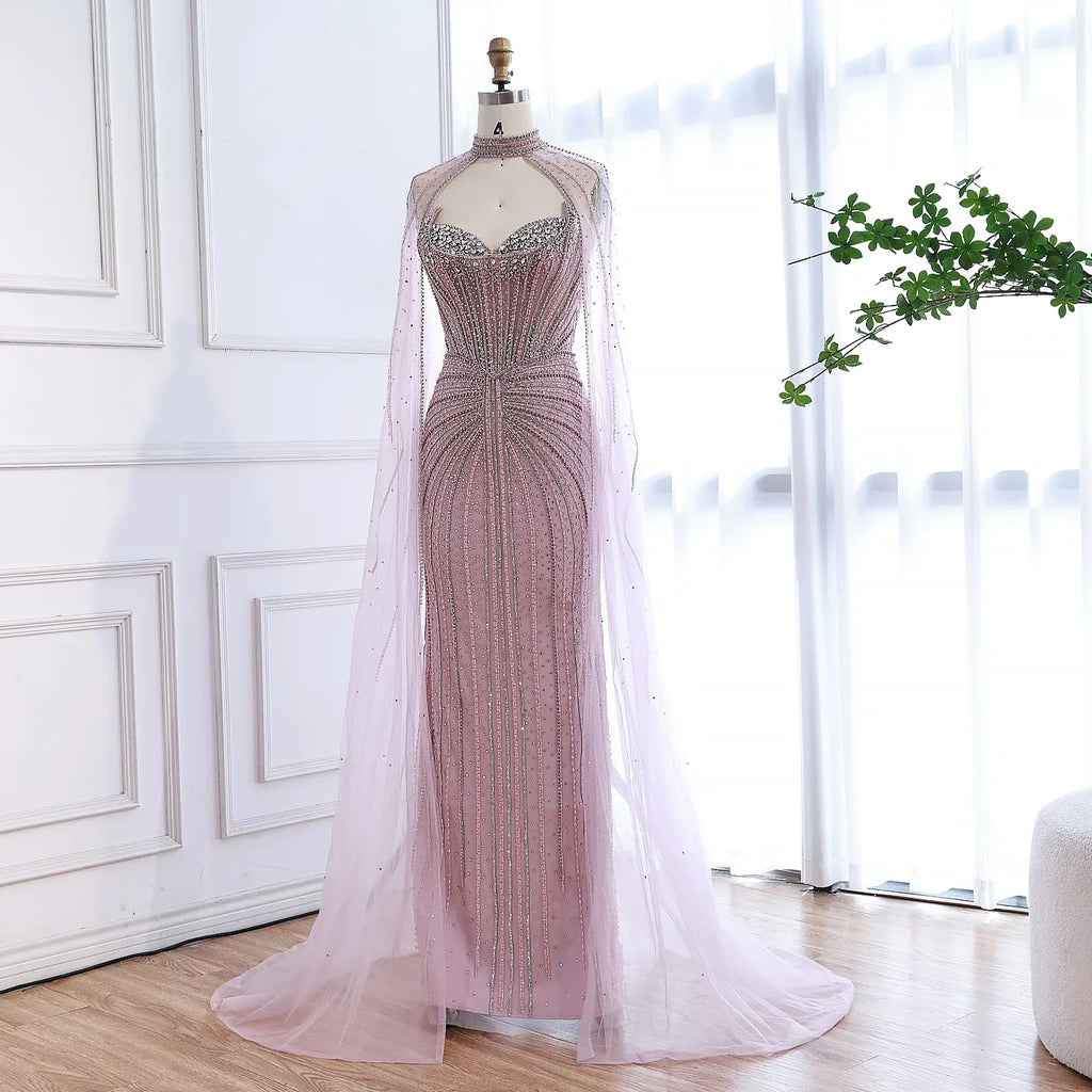 Luxury Dubai Caramel Beaded Evening Dress With Cape CLA72811C