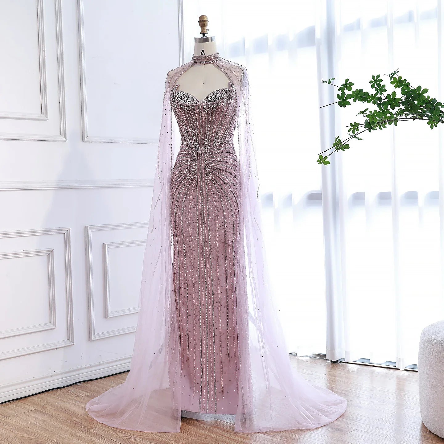 Luxury Dubai Caramel Beaded Evening Dress With Cape CLA72811C