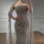 Luxury White Dubai Arabia Beaded Evening Dress With Cape CLA72870