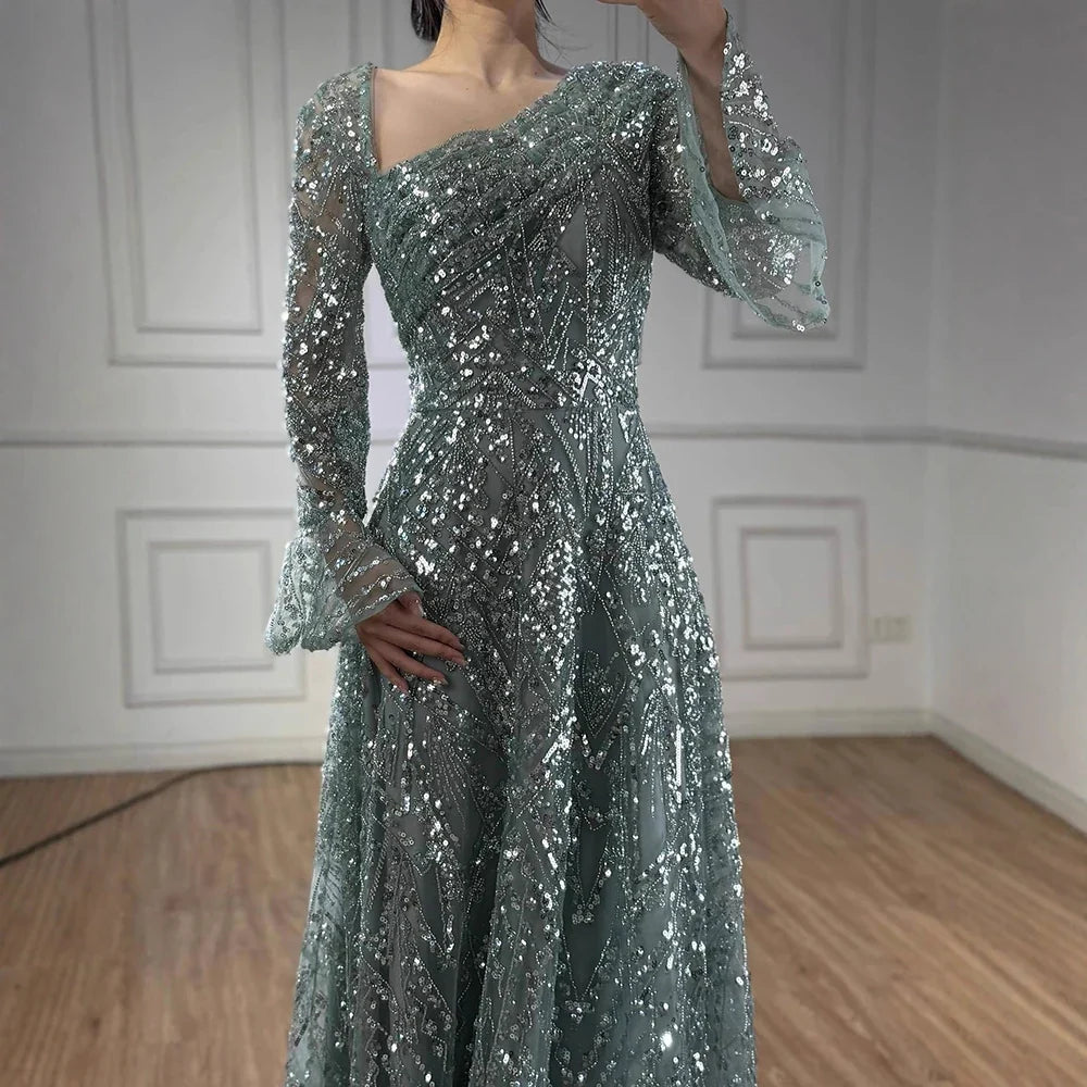 Arabic Turquoiise A-Line Flared Sleeves Simple Style Evening Dress CLA73177
