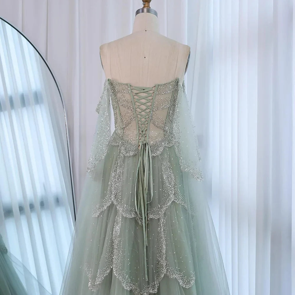 Luxury Arabic Sage Green Beaded A-Line Evening Dress with Cape CLA72605A
