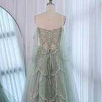 Luxury Arabic Sage Green Beaded A-Line Evening Dress with Cape CLA72605A