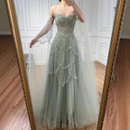 Luxury Arabic Sage Green Beaded A-Line Evening Dress with Cape CLA72605A