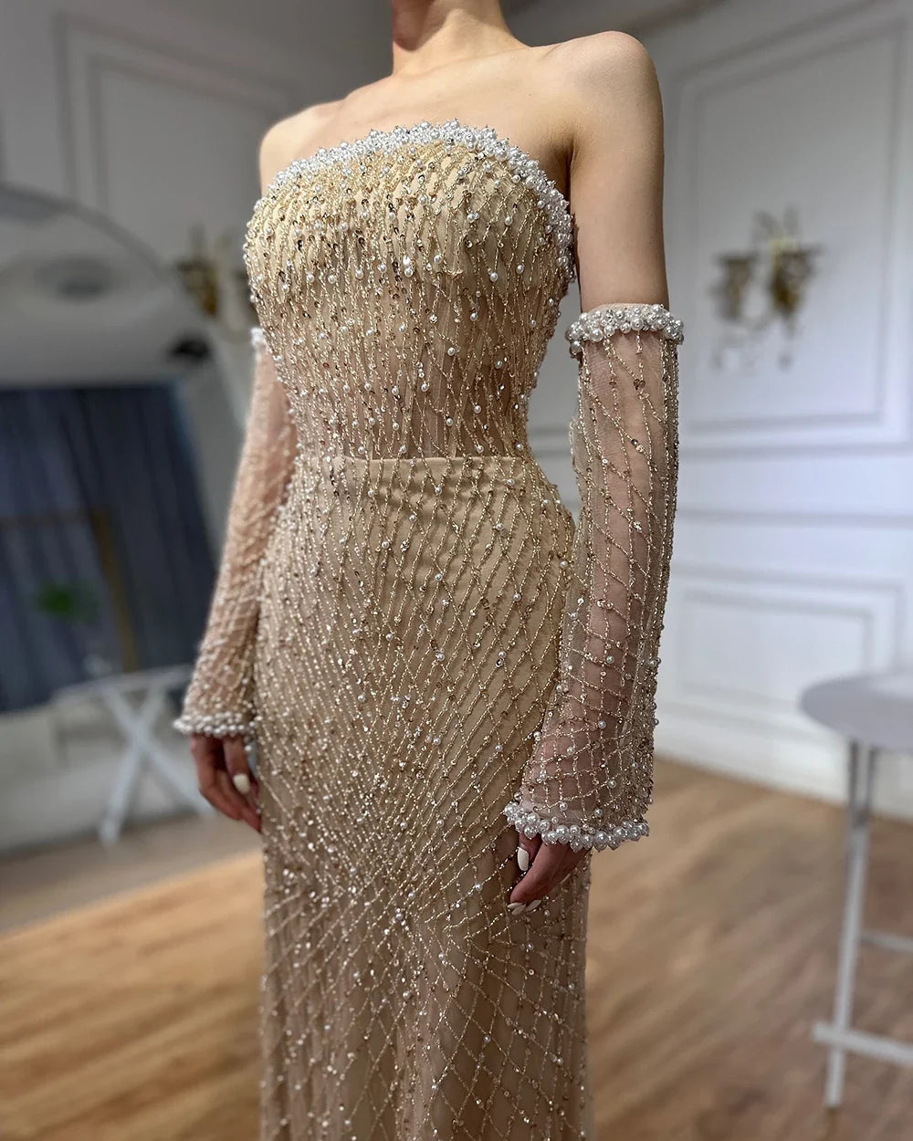 Arabic Elegant Nude Pearls Beaded Mermaid Strapless Evening Dress With Gloves CLA72649
