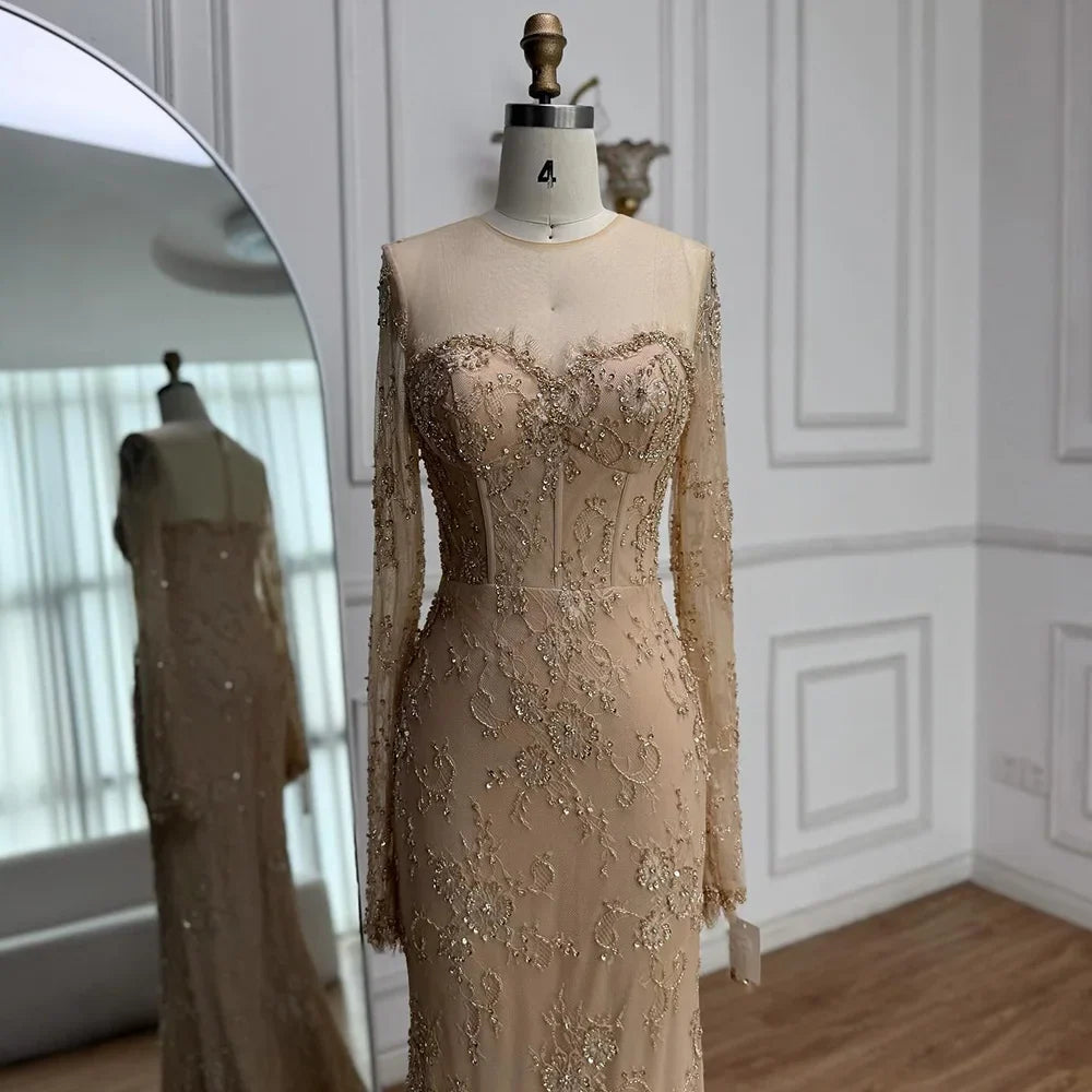 Arabic Lace Simple Style Long Sleeves Modest Mermaid Evening Dress CLA72545