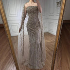 Luxury White Dubai Arabia Beaded Evening Dress With Cape CLA72870