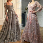 Arabic Simple Style Floral Square Neck Long Sleeves A-Line Evening Dress Women Wedding Party Gown CLA72657
