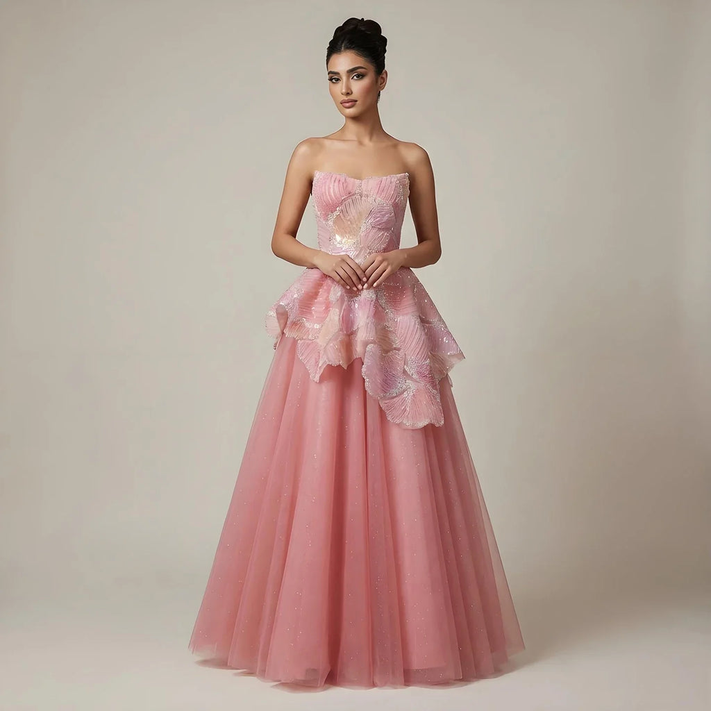 Luxury Peach Floral Appliqué A-Line Sparkly Evening Dress LA73185