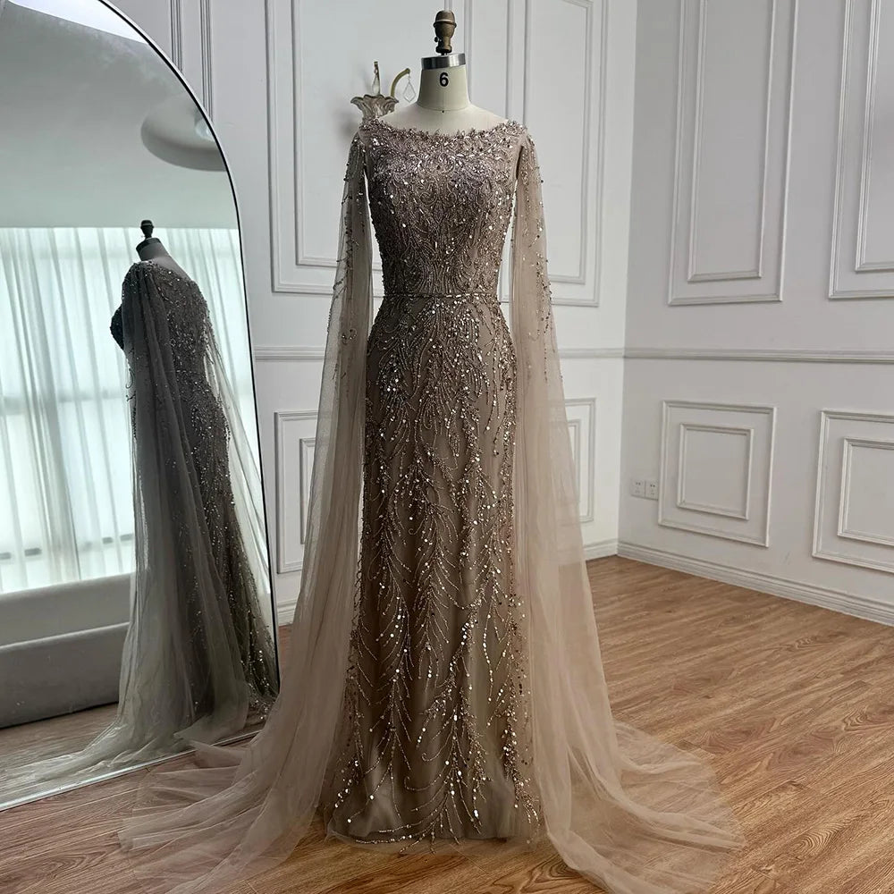 Luxury Caramel Beaded Mermaid Evening Dress With Cape Sleeves CLA73078