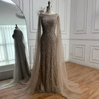 Luxury Caramel Beaded Mermaid Evening Dress With Cape Sleeves CLA73078