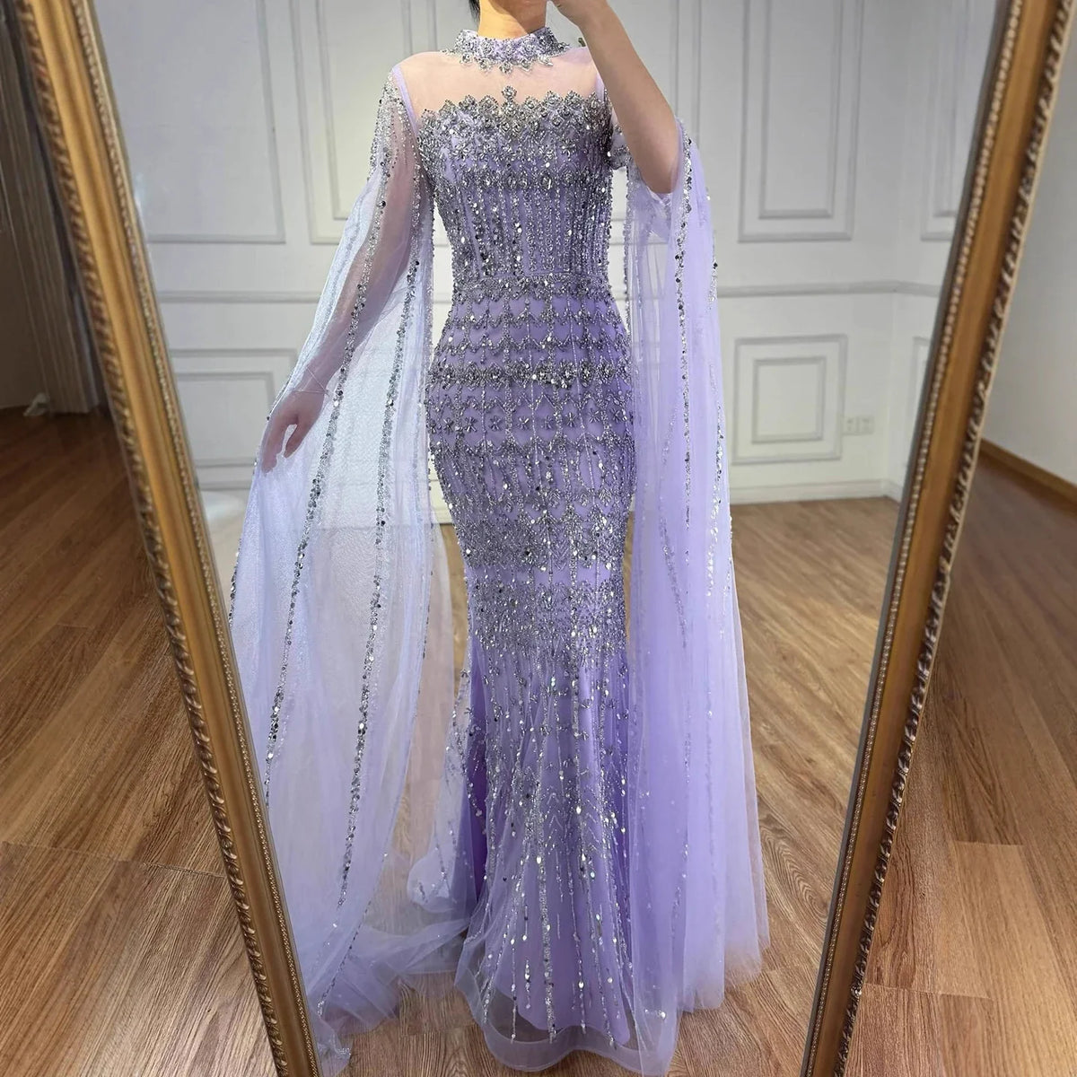 Arabic Luxury Beaded Mermaid Evening Dress Modest High Neck Cape Sleeves CLA72714A