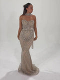 Kosovo Luxury Beaded Mermaid Evening Dress Strapless With Shawl CLA73375
