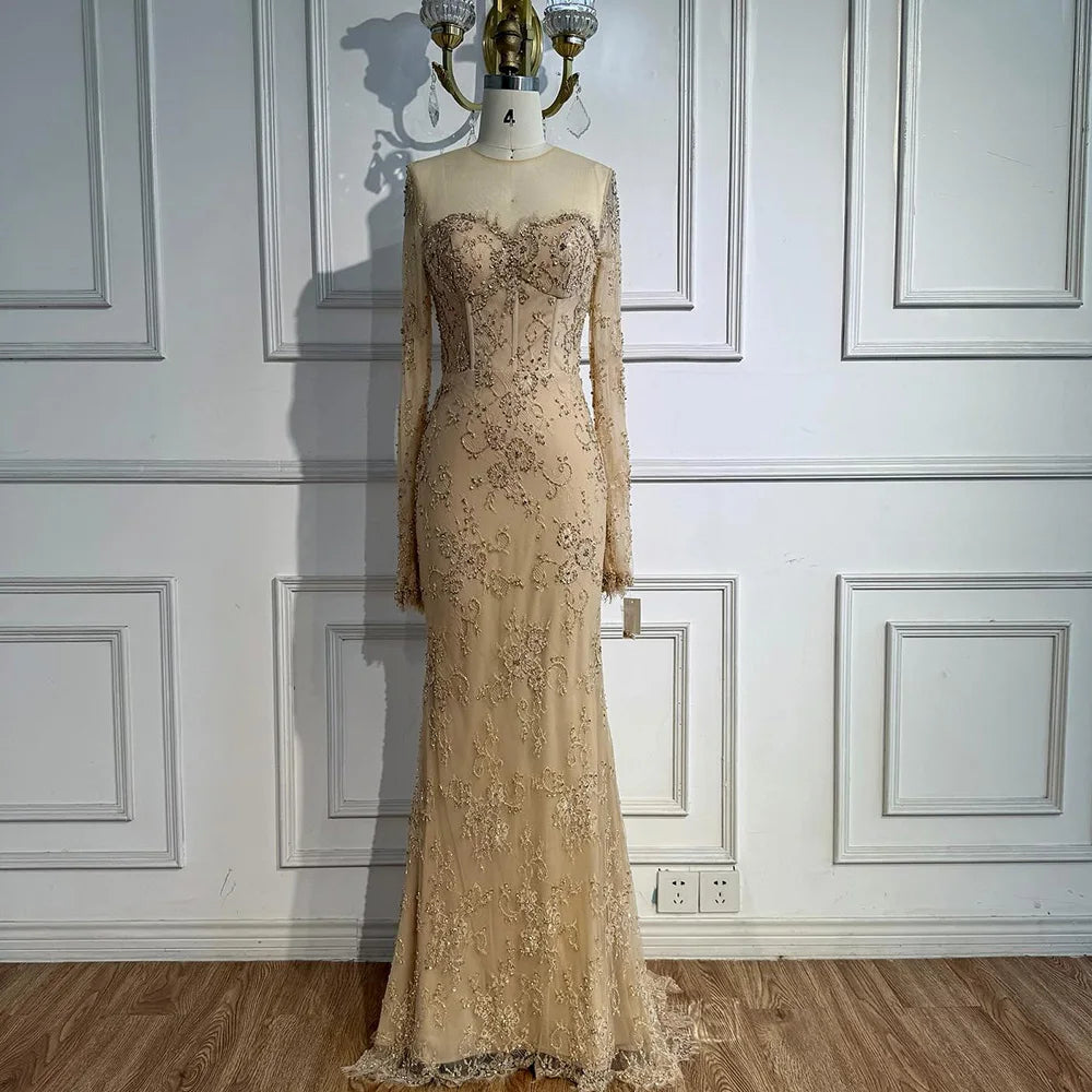 Arabic Lace Simple Style Long Sleeves Modest Mermaid Evening Dress CLA72545