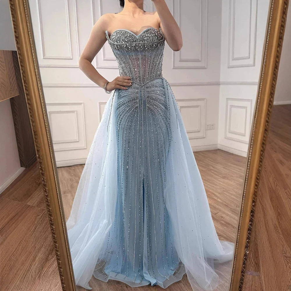 Arabic Luxury Beaded Mermaid Overskirt With Slit Strapless Evening Dress CLA72811