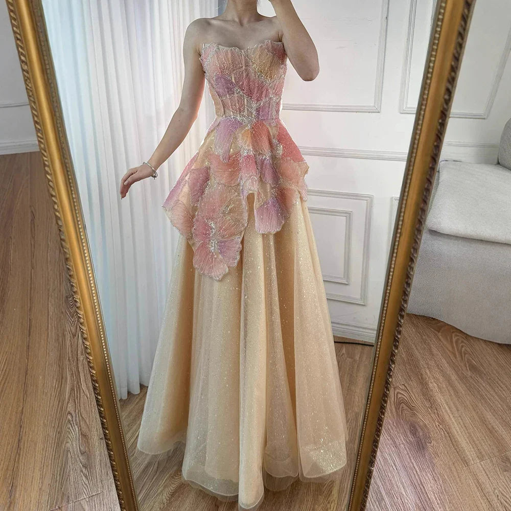 Luxury Peach Floral Appliqué A-Line Sparkly Evening Dress LA73185