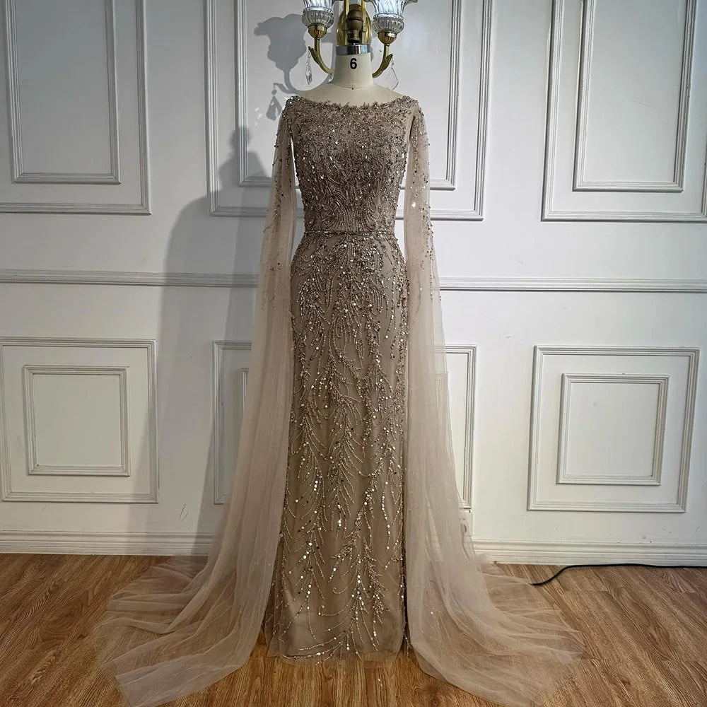Luxury Caramel Beaded Mermaid Evening Dress With Cape Sleeves CLA73078