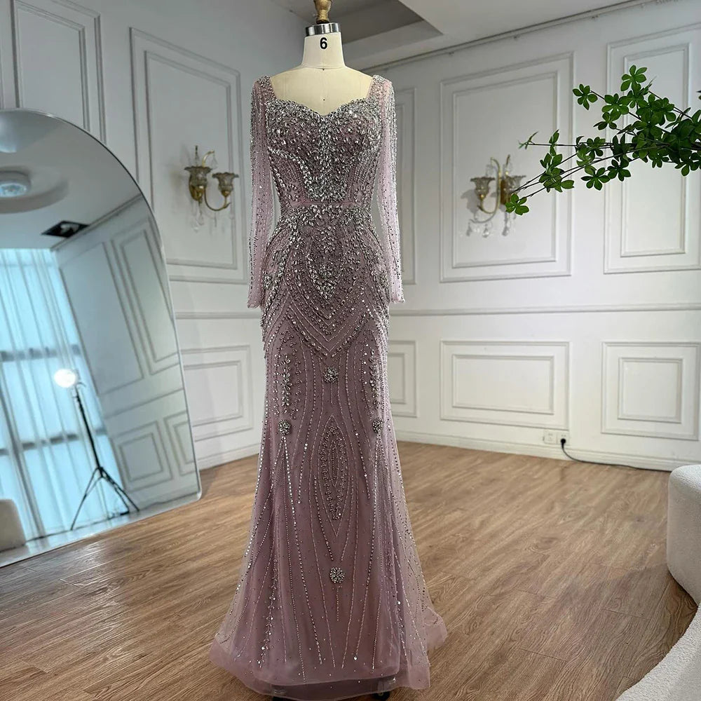 Luxury Nude Beaded Mermaid Evening Dress With Overskirt CLA73190