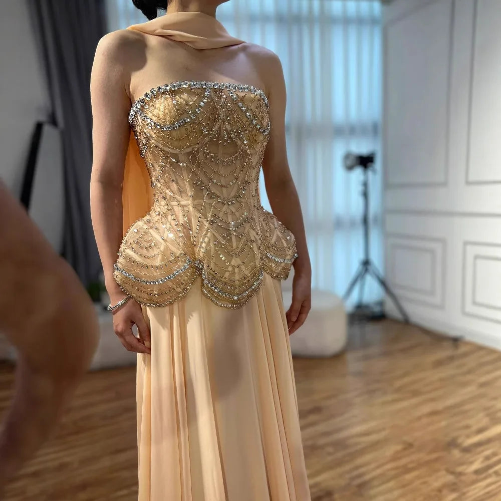 Luxury Designer Nude Beaded Chiffon Evening Dress CLA72915