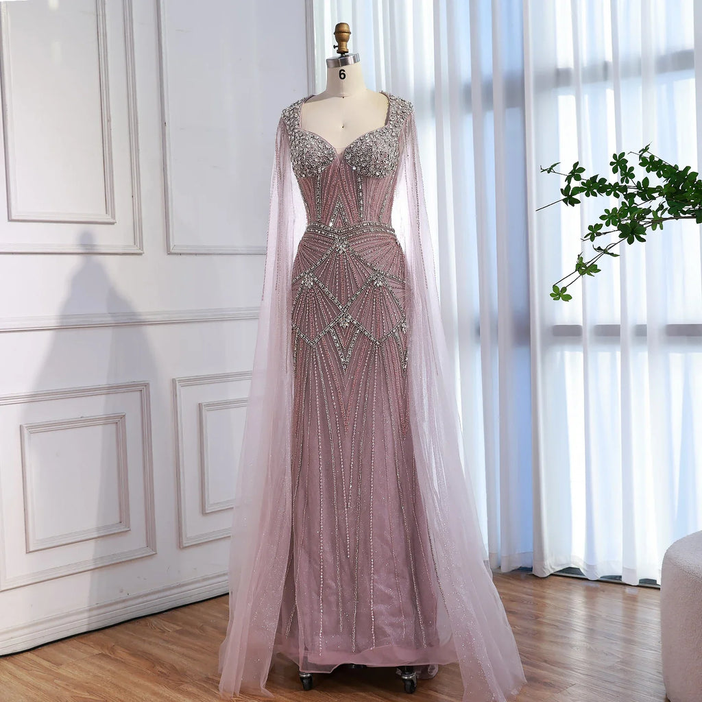 Luxury Dubai Pink Beaded Evening Dress With Cape CLA73329