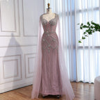 Luxury Dubai Pink Beaded Evening Dress With Cape CLA73329