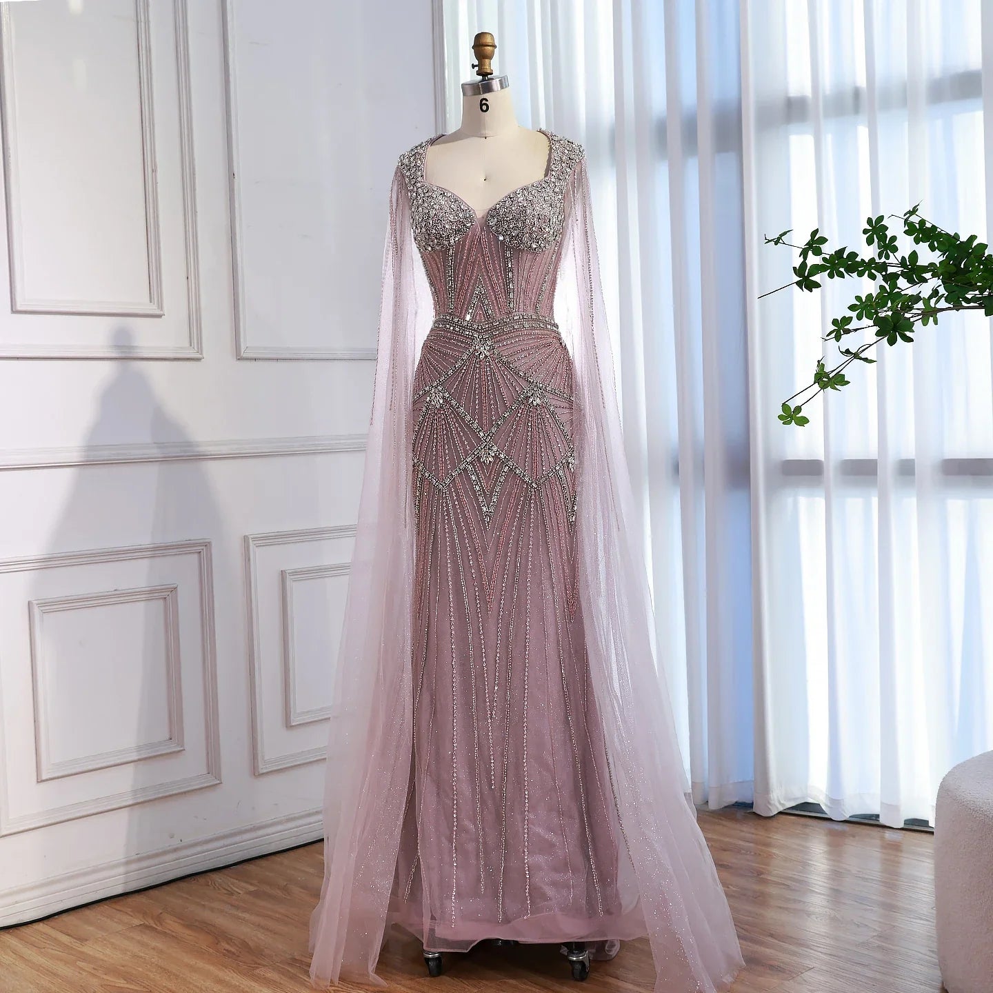 Luxury Dubai Pink Beaded Evening Dress With Cape CLA73329