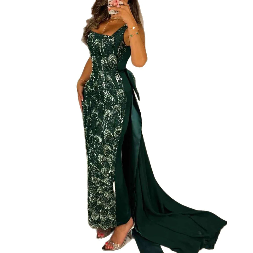 Luxury Evening Dress Emerald Green Bow Sheath Straight With Train CLA73380