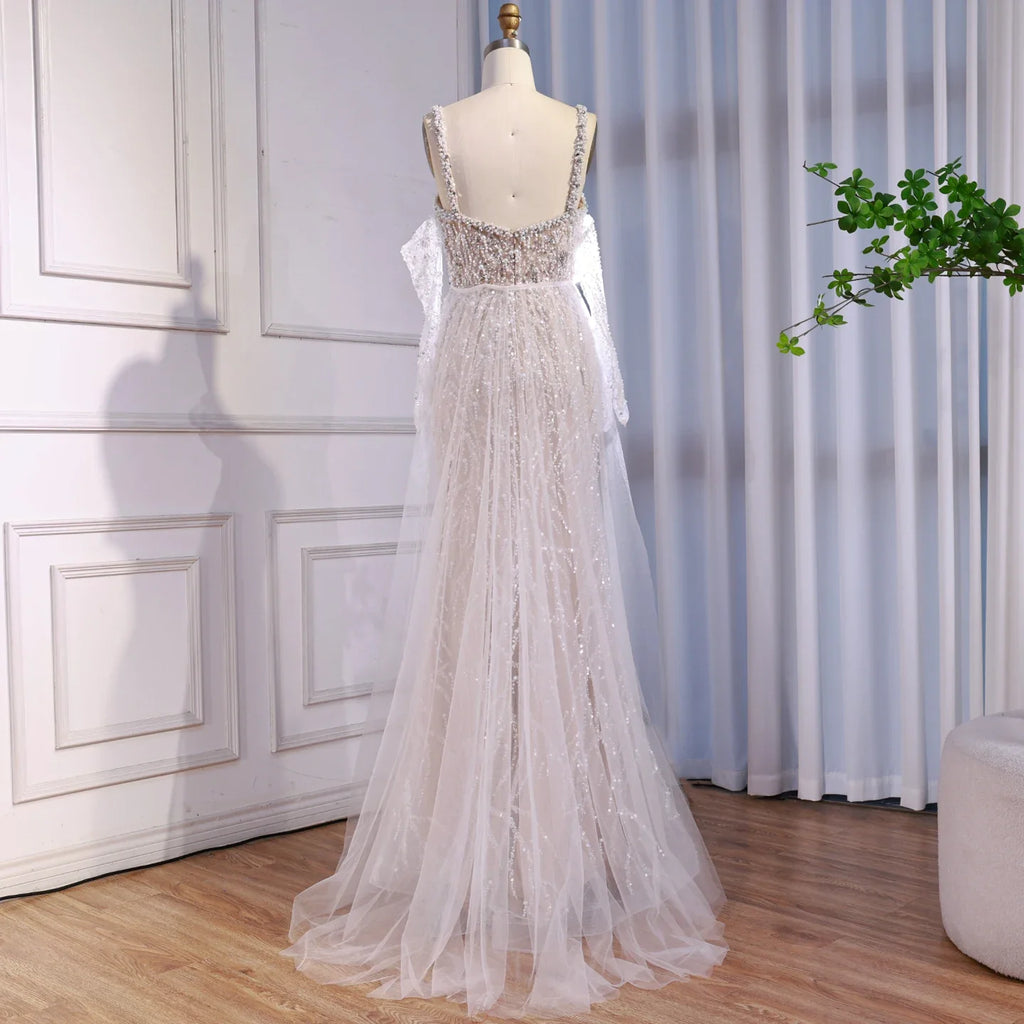 Luxury Lace Pearls Mermaid Evening Dress With Glove White Nude CLA72345E