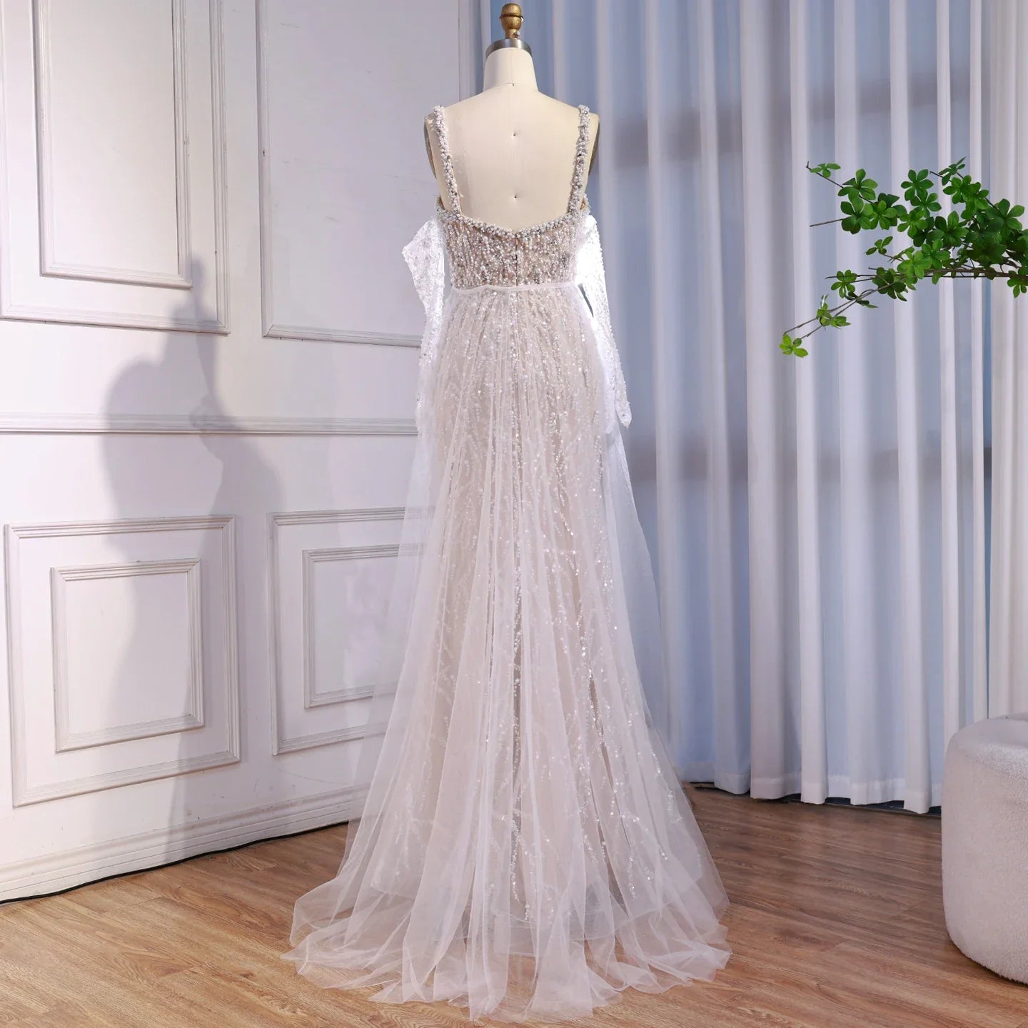 Luxury Lace Pearls Mermaid Evening Dress With Glove White Nude CLA72345E