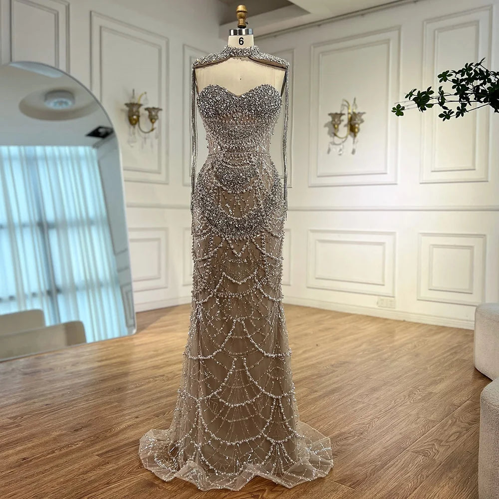 Kosovo Luxury Beaded Pearls Tassels Nude Evening Dress With Short Cape CLA72876