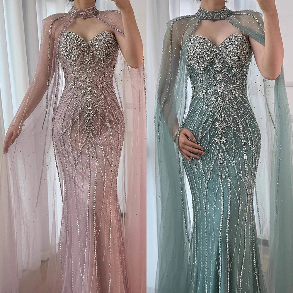 Luxury Turquoise Beaded Cape Sleeve Saudi Arabic Evening Dress LA73136A