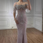 Luxury Sage Green Pearls Beaded Mermaid Evening Dress Off Shoulder CLA73148