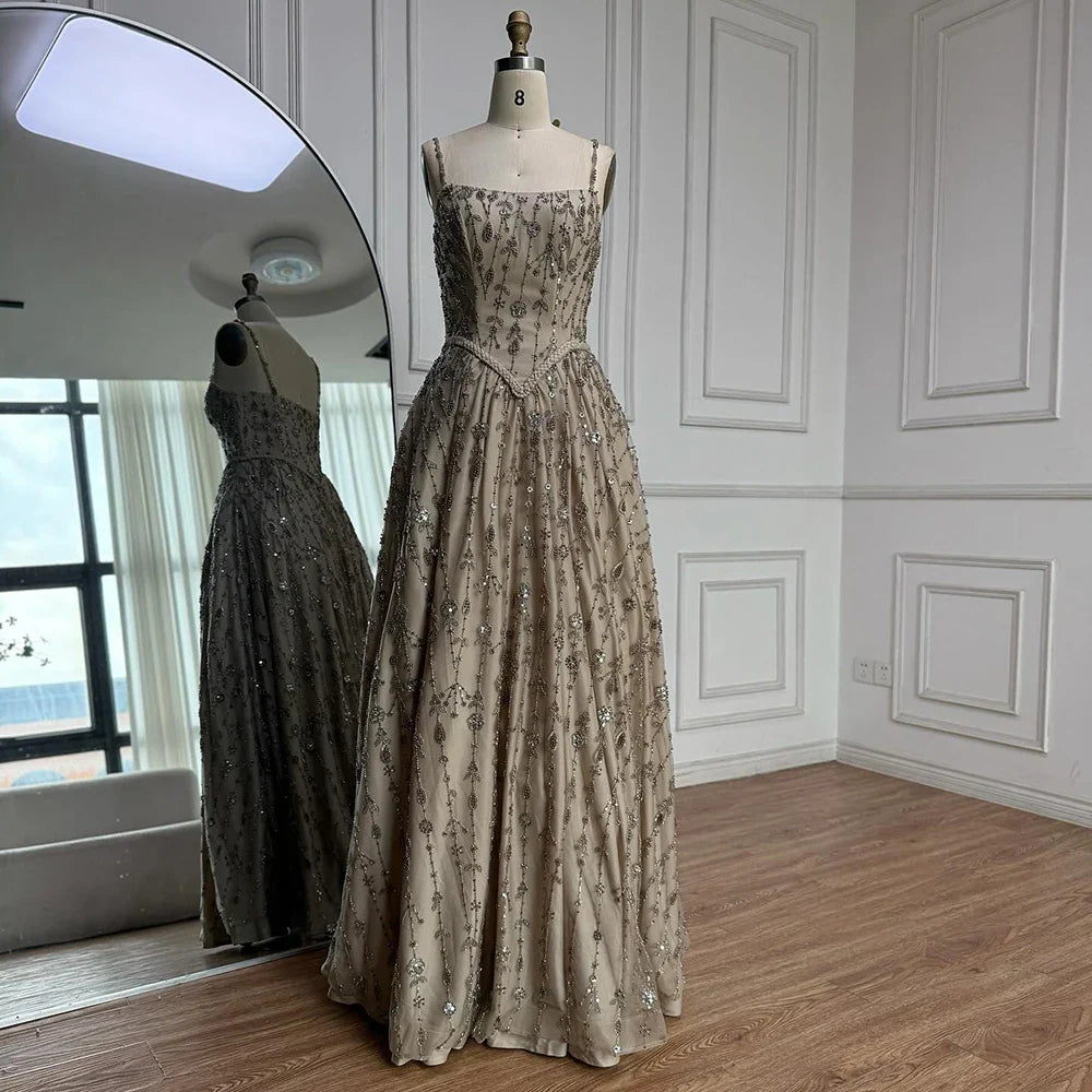 Luxury Sage Green Beaded A-Line Spaghetti Straps Evening Dress CLA72805