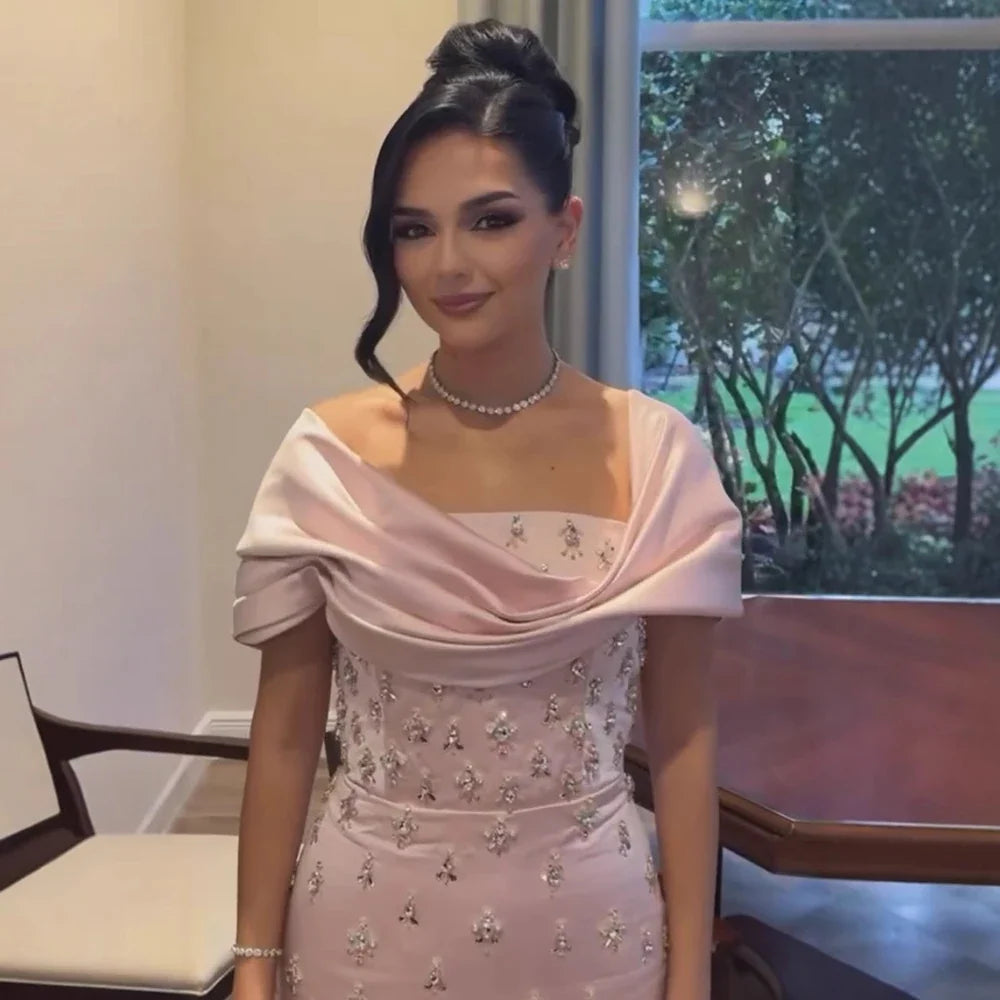 Luxury Baby Pink Off Shoulder Satin Simple Beaded Mermaid Evening Dress CLA72414