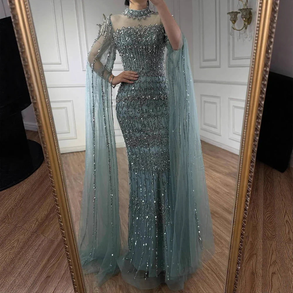 Arabic Luxury Beaded Mermaid Evening Dress Modest High Neck Cape Sleeves CLA72714A