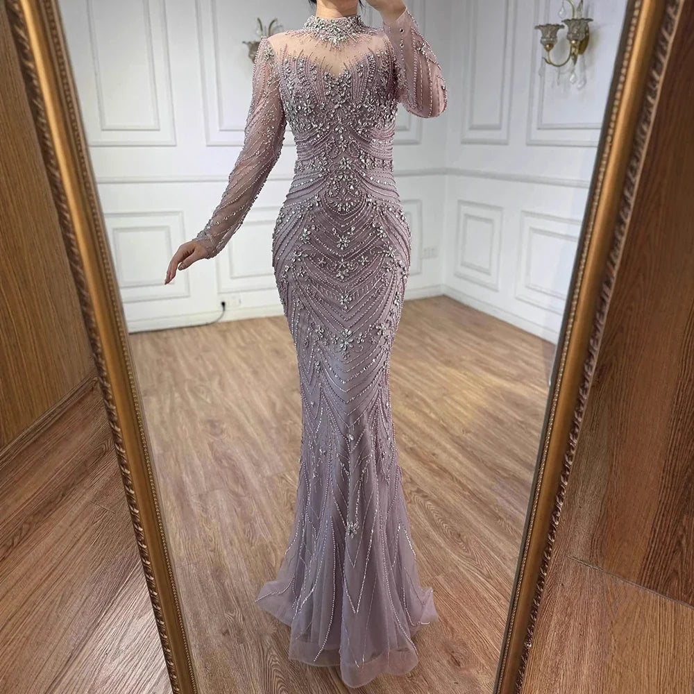 Luxury Nude Beaded Long Sleeves Modest Muslim Mermaid Evening Dress CLA73158