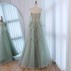 Luxury Arabic Sage Green Beaded A-Line Evening Dress with Cape CLA72605A