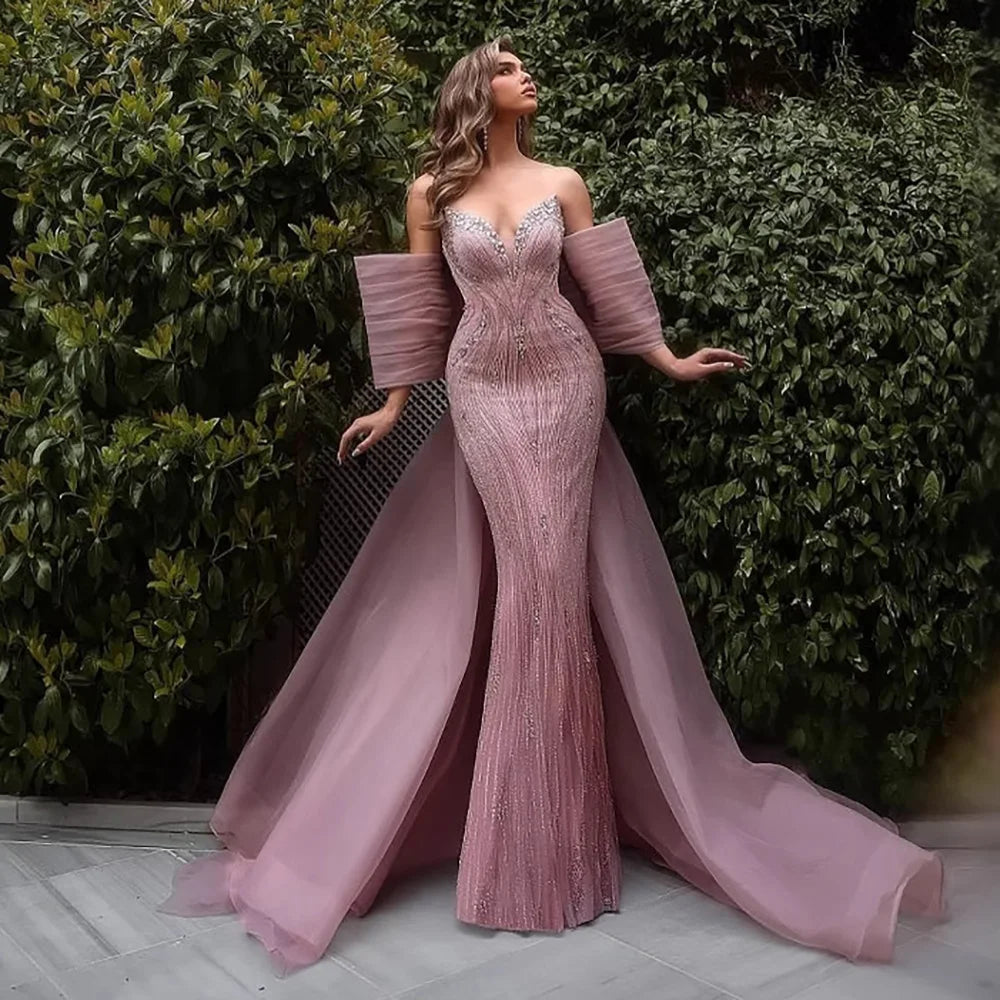 Luxury Beaded Pink Mermaid Evening Dress With Big Bow CLA73061