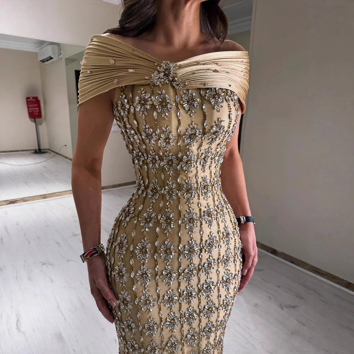 Arabic Luxury Gold Beaded Mermaid Evening Dress CLA73362