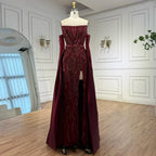Luxury Burgundy Beaded Overskirt Evening Dress Gown With Gloves CLA72935
