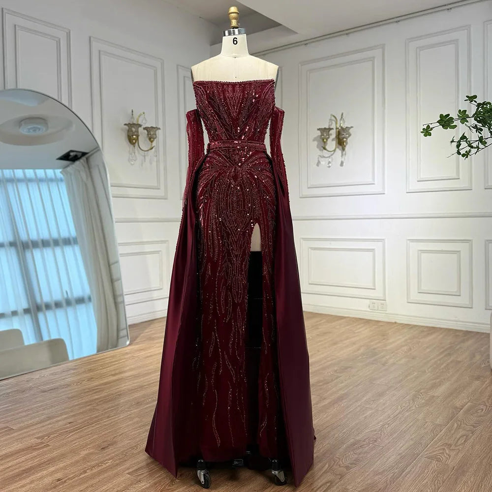 Luxury Burgundy Beaded Overskirt Evening Dress Gown With Gloves CLA72935