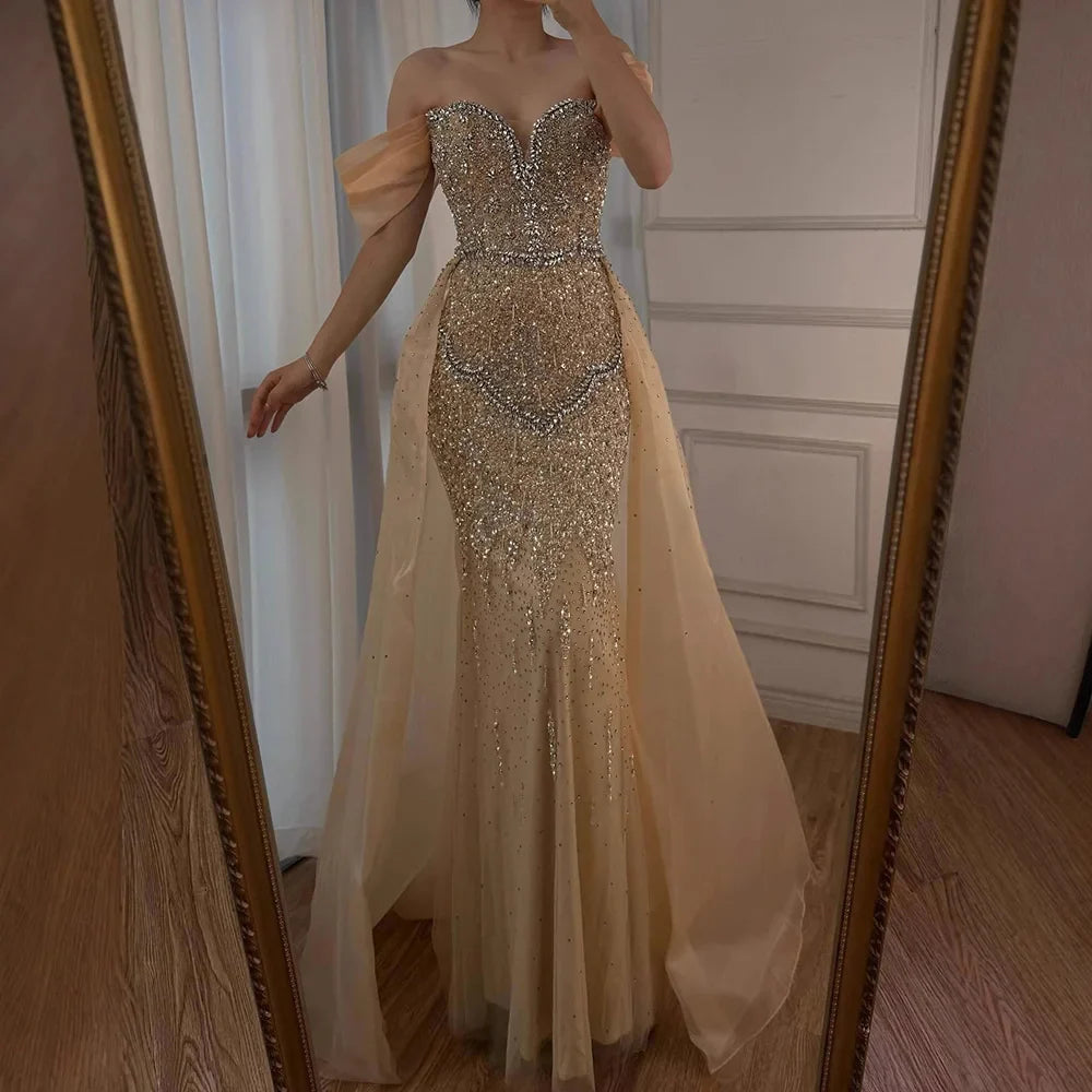 Luxury Nude Beaded Mermaid Evening Dress With Overskirt LA72879